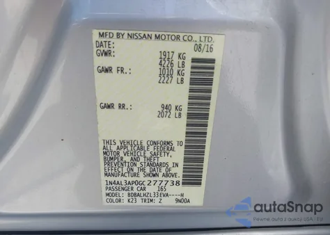 2016 Nissan Altima 2.5 Sr from USA, damaged, VIN 1N4AL3AP0GC277738